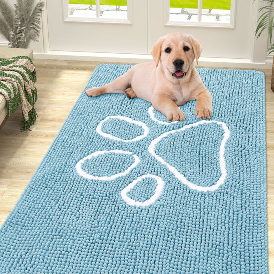 Picture of Smiry Dog Door Mat for Muddy Paws, Absorbent Dirt Trapper Non-Slip Washable Mat, Quick Dry Chenille, Mud Mat for Dogs, Entry Indoor Door Mat for Inside Floor (59x35 Inches, Sky Blue)