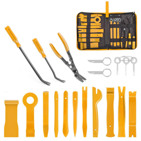 Picture of GOOACC 19Pcs Trim Removal Tool Set Panel Fastener Clips Removal Automotive Plastic Upholstery Pliers Removal Install Removal Car Tool with Storage Bag for Trim Panel Audio Clip Pliers Terminal-Yellow