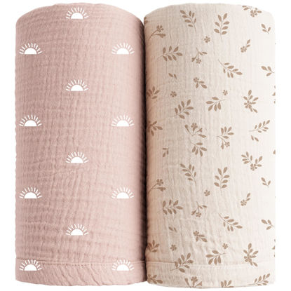 Picture of Konssy 2 Pack Muslin Swaddle Blankets, 100% Cotton Receiving Blanket Large 47 x 47 inches for Baby Boys Girls, Soft Breathable Muslin Baby Blanket for Newborn (Pink Sun,Khaki Leaf)