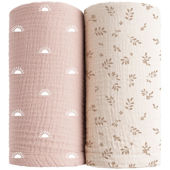 Picture of Konssy 2 Pack Muslin Swaddle Blankets, 100% Cotton Receiving Blanket Large 47 x 47 inches for Baby Boys Girls, Soft Breathable Muslin Baby Blanket for Newborn (Pink Sun,Khaki Leaf)