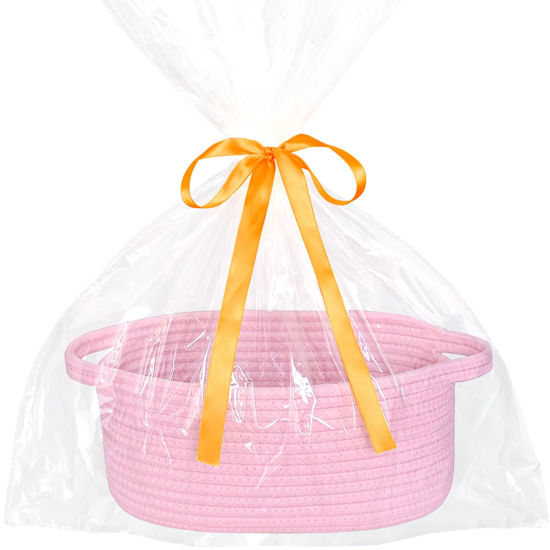 Picture of ABenkle Small Basket with Gift Bag and Ribbons, 12"x 8" x 5" Cute Small Woven Basket, Rope Shelf Toys Storage Basket with Handle, Decorative Empty Gift Basket