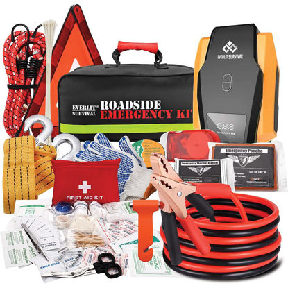 Picture of Everlit Survival Car Emergency Kit, Roadside Safety Tool Kit with Gloves,Digital Auto Air Compressor Tire Inflator, First Aid Kit, 12 Feet Jumper Cable, Tow Strap, Flashlight for Women, Men, Teenagers