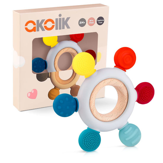 Picture of akolik Teething Toys for Babies, Baby Teethers Toy Teething Ring Silicone, Grasping Teething Toy, BPA Free Teething Nursing Accessories for 3+ Months Boy, Girl Toddlers (Blue)