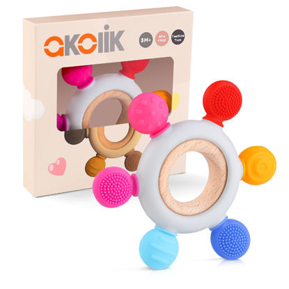 Picture of akolik Teething Toys for Babies, Baby Teethers Toy Teething Ring Silicone, Grasping Teething Toy, BPA Free Teething Nursing Accessories for 3+ Months Boy, Girl Toddlers