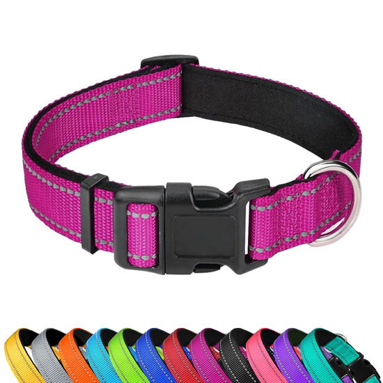 Picture of PWOD Reflective Dog Collar, Adjustable Soft Neoprene Padded Nylon Pet Collars with Buckle for Puppy and Small Dogs, Cats,Rose Red,XS