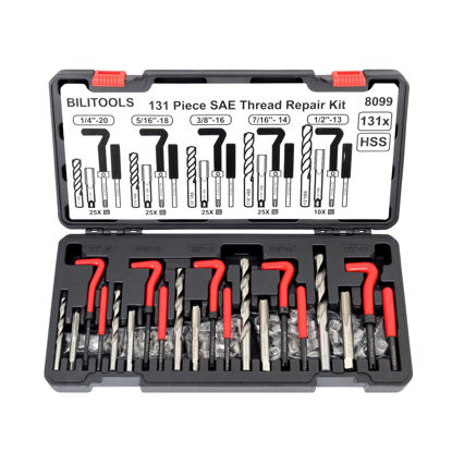 Picture of BILITOOLS Thread Repair Kit SAE, 131-Piece HSS Drill Helicoil Repair Kit 1/4" 5/16" 3/8" 7/16" 1/2"