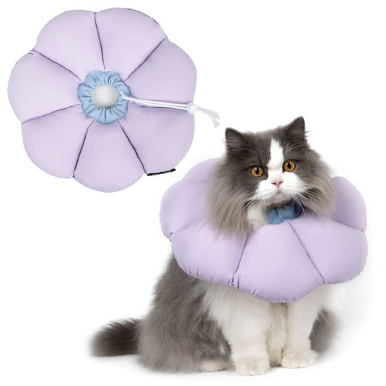 Picture of Cat Cone Collar,Cute Waterproof Cat Recovery Collar,Anti-Bite Lick Wound Healing Safety Elizabethan e Collar for Cats,Purple Flower All-Season Style…