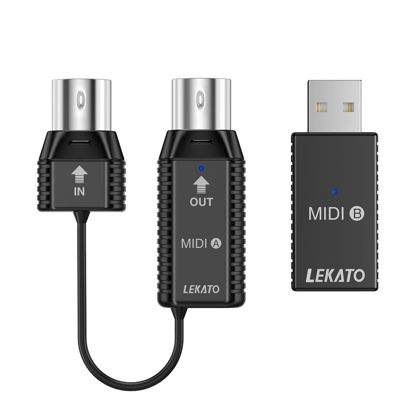 Picture of LEKATO Wireless MIDI Adapter, Bluetooth Midi Adapter with USB, Ultra Low Latency, 5 Pin MIDI Adapter Wireless for Synthesizer, MIDI Keyboard to Mac OS/iOS/Windows