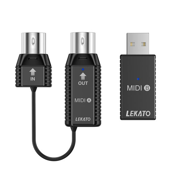 Picture of LEKATO Wireless MIDI Adapter, Bluetooth Midi Adapter with USB, Ultra Low Latency, 5 Pin MIDI Adapter Wireless for Synthesizer, MIDI Keyboard to Mac OS/iOS/Windows