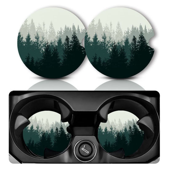 Picture of Car Coasters for Cup Holders，Car Cup Holder Coasters, 2 Pack Cup Holder Coasters for Car, Anti Slip Rubber Car Cup Mat with A Finger Notch, Cute Car Interior Accessories for Women Men 2.75" Forest