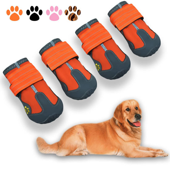Picture of XSY&G Dog Boots,Waterproof Dog Shoes,Dog Booties with Reflective Strips Rugged Anti-Slip Sole and Skid-Proof,Outdoor Dog Shoes for Small Medium Large Dogs 4Pcs Orange-Size 2
