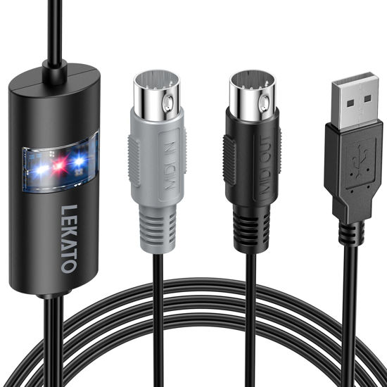 Picture of LEKATO USB MIDI Cable, MIDI USB Interface with Input & Output Connecting Piano Keyboard/Synthesizer for Editing & Recording Professional MIDI Cable Adapter with Windows/Mac for Studio -6.5Ft