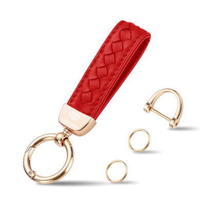 Picture of Genuine Leather Keychains, Handmade Knit Sheepskin Car Key chains for Women, Universal Key Fob Holder with 360 Degree Rotatable, Anti-Lost D-Ring, 2 Keyrings and 1 Screwdriver - Red