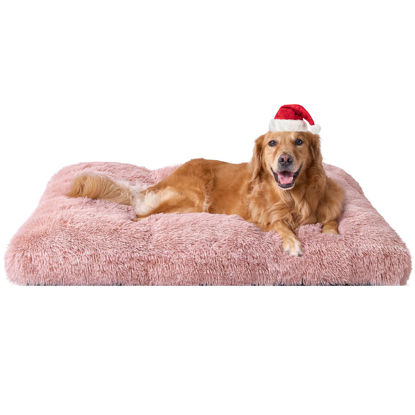 Picture of EHEYCIGA Fluffy Dog Crate Bed for Extra Large Dogs, Plush Faux Fur Dog Crate Pad, Calming Anti Anxiety XL Dog Bed for Crate, Washable Soft Warm Dog Crate Mat with Non-Slip Bottom, Pink