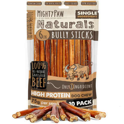 Picture of Mighty Paw Naturals Bully Sticks for Small & Medium Dogs - Grass Fed Beef Chews. Bully Sticks for Large Dogs. Lower Odor Stick Treat. Single Ingredient (6" - 10 Pack)