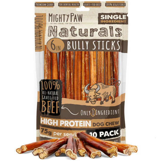 Picture of Mighty Paw Naturals Bully Sticks for Small & Medium Dogs - Grass Fed Beef Chews. Bully Sticks for Large Dogs. Lower Odor Stick Treat. Single Ingredient (6" - 10 Pack)
