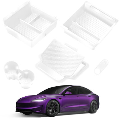 Picture of TSLDRV 2025 Upgrade Center Console Organizer Tray for Tesla Model 3 Highland 2024 2025 [Slide Smoothly] Armrest Hidden Organizer Box Cup Holder for Tesla Model 3 Accessories 2024 2025 White