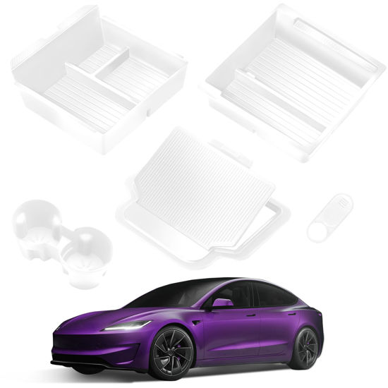Picture of TSLDRV 2025 Upgrade Center Console Organizer Tray for Tesla Model 3 Highland 2024 2025 [Slide Smoothly] Armrest Hidden Organizer Box Cup Holder for Tesla Model 3 Accessories 2024 2025 White