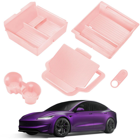 Picture of TSLDRV 2025 Upgrade Center Console Organizer Tray for Tesla Model 3 Highland 2024 2025 [Slide Smoothly] Armrest Hidden Organizer Box Cup Holder for Tesla Model 3 Accessories 2024 2025 Pink
