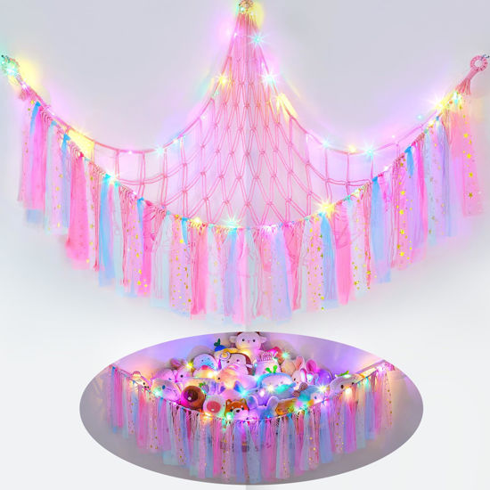 Picture of FIOBEE Stuffed Animals Net or Hammock with LED Light, Toy Hammock Hanging Stuffed Animals Storage Organizer Holder Room Décor for Nursery Kids Bedroom