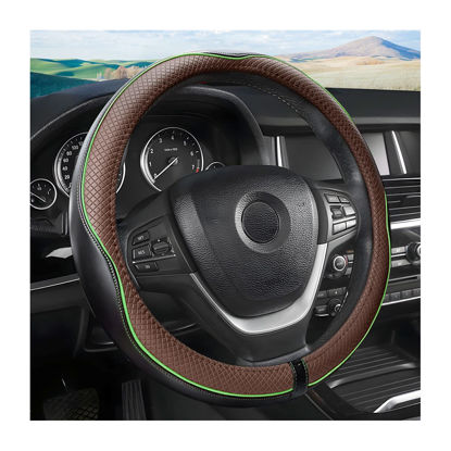 Picture of Leather Car Steering Wheel Cover, Car Wheel Cover Protector Soft Breathable Anti Slip, Steering Wheel Covers for Women Men, Universal Fit 15 Inch Car, Truck, SUV (Black/Coffee)
