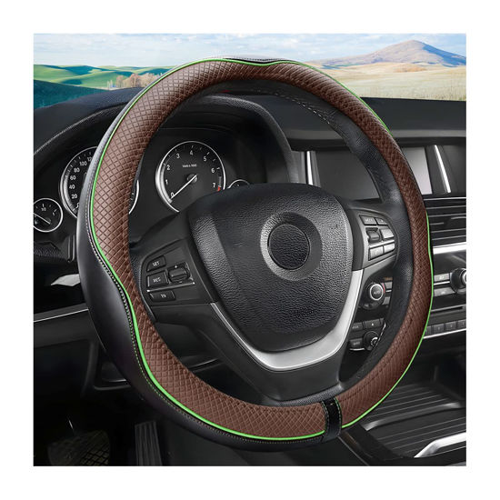 Picture of Leather Car Steering Wheel Cover, Car Wheel Cover Protector Soft Breathable Anti Slip, Steering Wheel Covers for Women Men, Universal Fit 15 Inch Car, Truck, SUV (Black/Coffee)