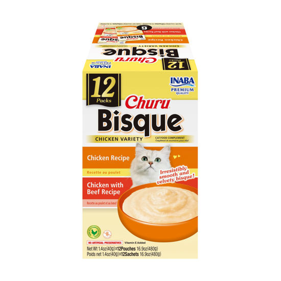 Picture of INABA Churu Bisque for Cats, Creamy Lickable Purée Side Dish with Vitamin E, 1.4 Ounces per Pouch, 12 Pouches, Chicken Variety