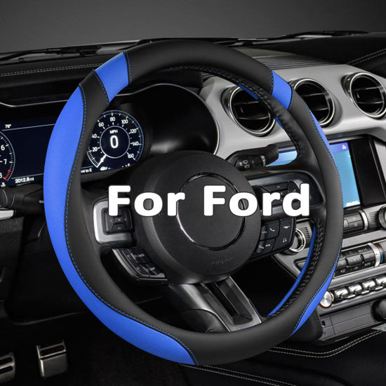 Picture of West Llama Car Steering Wheel Cover for Ford Escape,Explorer,Fusion,Focus,Bronco,Transit,Edge(Black+Blue- Standard Size)
