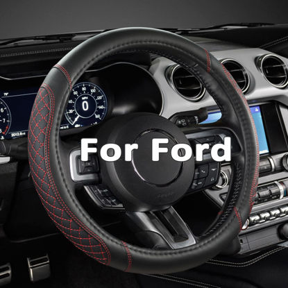 Picture of West Llama Car Steering Wheel Cover for Ford Escape,Explorer,Fusion,Focus,Bronco,Transit,Edge(Diamond Quilted - Black+Red- Standard Size)