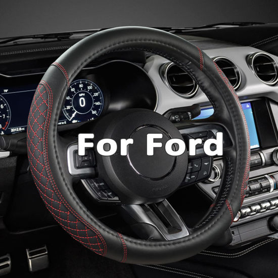 Picture of West Llama Car Steering Wheel Cover for Ford Escape,Explorer,Fusion,Focus,Bronco,Transit,Edge(Diamond Quilted - Black+Red- Standard Size)