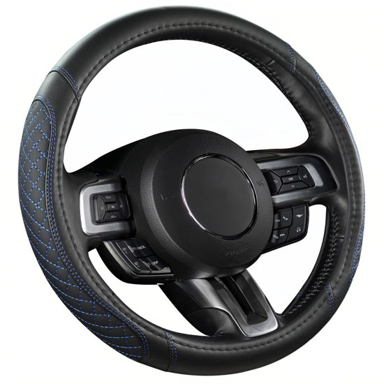 Picture of West Llama Car Steering Wheel Cover for Ford Escape,Explorer,Fusion,Focus,Bronco,Transit,Edge(Diamond Quilted - Black+Blue- Standard Size)