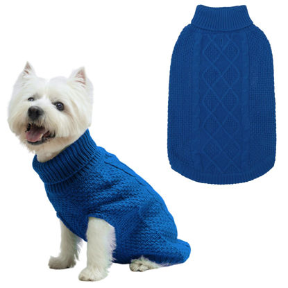 Picture of Mihachi Turtleneck Dog Sweater - Winter Coat Apparel Classic Cable Knit Clothes with Leash Hole for Cold Weather, Ideal Gift for Pet in New Year Royal Blue Small