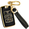 Picture of for Range Rover Key Fob Cover and Leather Keychain, Full Cover Key Case for Jaguar XE XJ XF for Land Rover Sport, Velar, Evoque, Defender, Discovery TPU Keyfob Cover for KOBJXF18A - Black and Gold