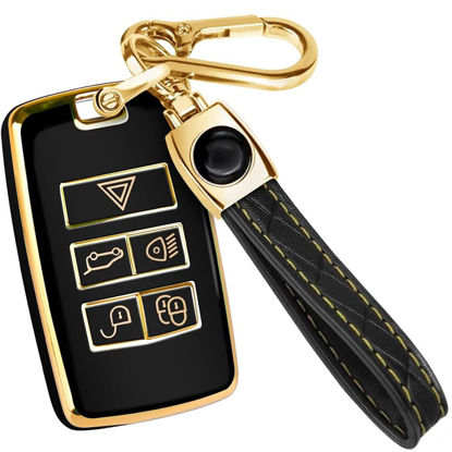 Picture of for Range Rover Key Fob Cover and Leather Keychain, Full Cover Key Case for Jaguar XE XJ XF for Land Rover Sport, Velar, Evoque, Defender, Discovery TPU Keyfob Cover for KOBJXF18A - Black and Gold