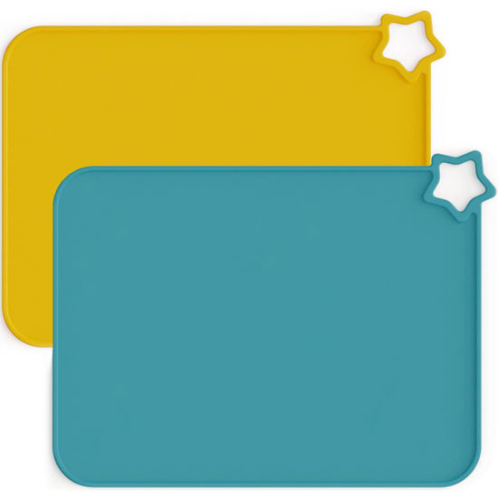 Picture of Moonkie Silicone Placemats for Baby & Kid, Stain Resistant Non-Slip Toddler Food Mats Eating Table Mat with 2 Packs(Teal/Mustard)
