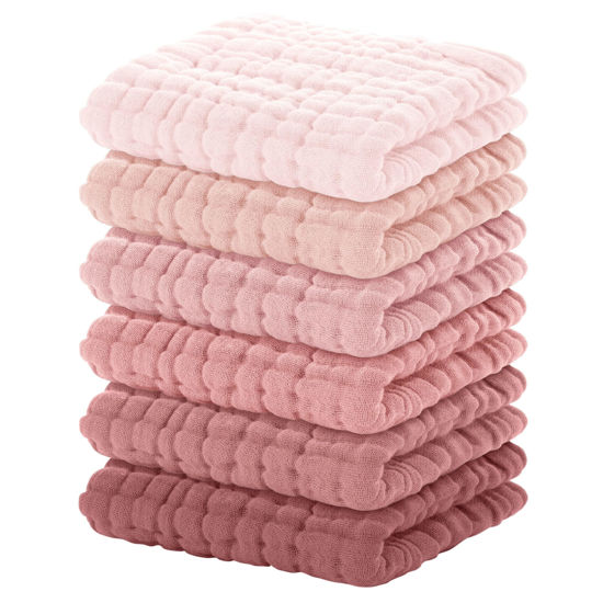 Picture of Yoofoss Muslin Baby Washcloths 100% Cotton Face Towels 6 Pack Wash Cloths for Baby 12x12in Soft and Absorbent Baby Wipes (Gradient Pink)