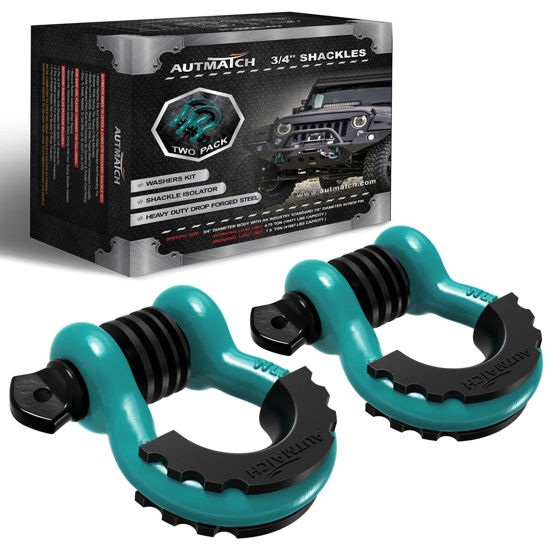 Picture of AUTMATCH D Ring Shackle 3/4" Shackles (2 Pack) 41,887Ibs Break Strength with 7/8" Screw Pin and Shackle Isolator Washers Kit for Tow Strap Winch Off Road Vehicle Recovery Teal & Black