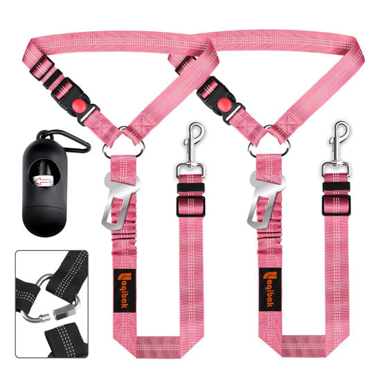 Picture of Removable Dog Seat Belts Harness for Car, 3 in 1 Pet Dog Car Seatbelt Leash, laqibak Restraint Secures to Headrest and Reflective Effect Adjustable Bungee Dog Seatbelt Tether, 2PCS and Poop Bag Holder
