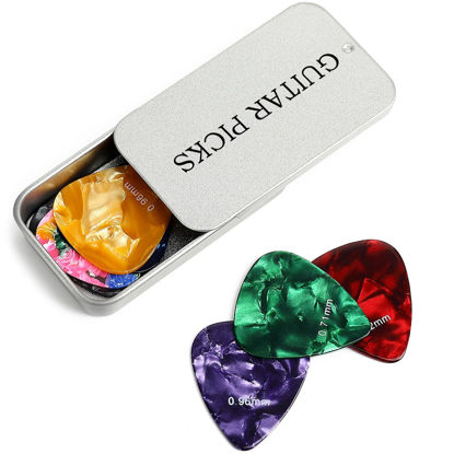 Picture of Celluloid Guitar Picks 15 Pack with Metal Box includes Thin, Medium, Heavy & Extra Heavy Picks, for Acoustic Guitar Electric Guitar Ukulele (Silver)