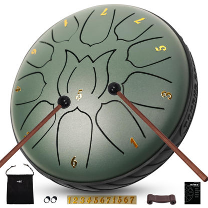 Picture of JYTMUS Steel Tongue Drum 11 Notes 6 Inches Rain Drum for Outside with Drum Bag, Music Book, Drum Mallets, Mallet Holder, Finger Picks and Stickers, Steel Drum for Yoga, Meditation, Prenatal Education