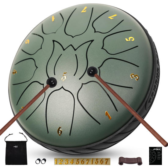 Picture of JYTMUS Steel Tongue Drum 11 Notes 6 Inches Rain Drum for Outside with Drum Bag, Music Book, Drum Mallets, Mallet Holder, Finger Picks and Stickers, Steel Drum for Yoga, Meditation, Prenatal Education