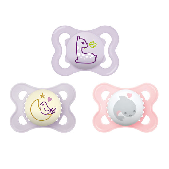 Picture of MAM Variety Pack Baby Pacifier, Includes 3 Types of Pacifiers, Nipple Shape Helps Promote Healthy Oral Development, 0-6 Months, Girl, 3 Count (Pack of 1)