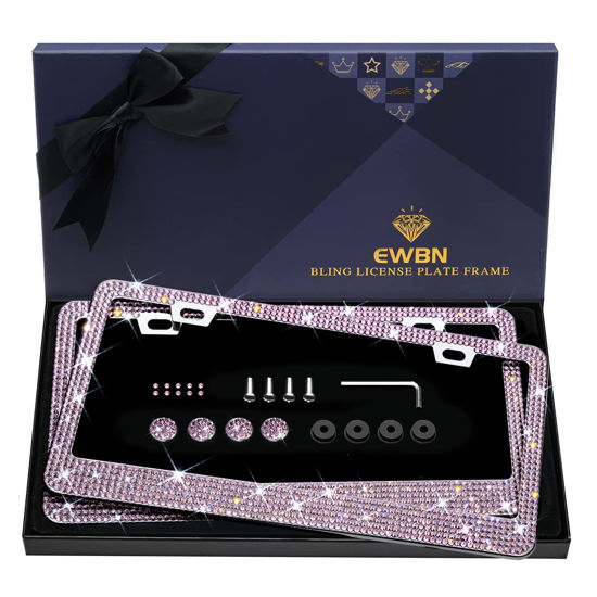 Picture of Bling Rhinestone License Plate Frame for Women 2PC，Diamond Sparkly License Plate Frames| Stainless Steel Frames & Over 1200 pcs Finest 14 Facets Glass Crystals Premium Diamond+GiftBox(Pink)
