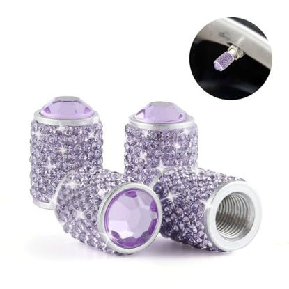 Picture of Alpmosn Car Wheel Tire Valve Caps, 4 PCS Bling Tire Valve Caps, Crystal Tire Caps Shinny Rhinestone for Women, Universal Car Dustproof Tire Valve Caps for Cars, Trucks, SUV and Motorcycles (Purple)