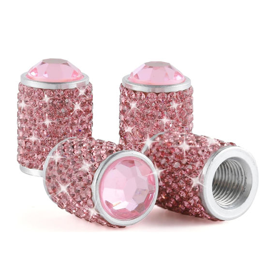 Picture of Alpmosn Car Wheel Tire Valve Caps, 4 PCS Bling Tire Valve Caps, Crystal Tire Caps Shinny Rhinestone for Women, Universal Car Dustproof Tire Valve Caps for Cars, Trucks, SUV and Motorcycles (Pink)