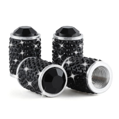 Picture of Alpmosn Car Wheel Tire Valve Caps, 4 PCS Bling Tire Valve Caps, Crystal Tire Caps Shinny Rhinestone for Women, Universal Car Dustproof Tire Valve Caps for Cars, Trucks, SUV and Motorcycles (Black)