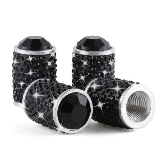 Picture of Alpmosn Car Wheel Tire Valve Caps, 4 PCS Bling Tire Valve Caps, Crystal Tire Caps Shinny Rhinestone for Women, Universal Car Dustproof Tire Valve Caps for Cars, Trucks, SUV and Motorcycles (Black)