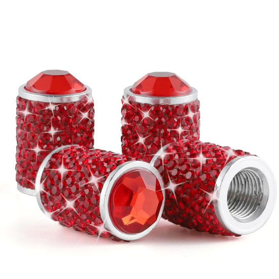 Picture of Alpmosn Car Wheel Tire Valve Caps, 4 PCS Bling Tire Valve Caps, Crystal Tire Caps Shinny Rhinestone for Women, Universal Car Dustproof Tire Valve Caps for Cars, Trucks, SUV and Motorcycles (Red)