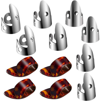 Picture of 12pcs Adjustable Finger Thumb Picks Set Includes 8pcs Silver Stainless Steel Finger Picks and 4pcs Plastic Thumb Picks for Guitar Banjo Harp Bass Plectrum (leopard print)