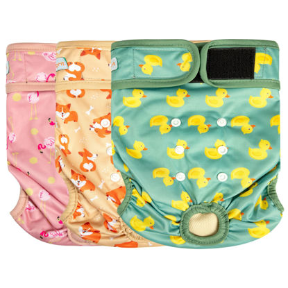Picture of Langsprit Washable Female Dog Diapers - Doggie Reusable Diapers for Doggy Puppy Female in Period - Highly Absorbent Dog Heat Panties (Flamingo Dog Duck) L